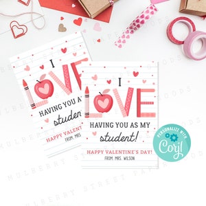 Tarjeta de San Valentín imprimible con el mensaje "Me encanta tenerte como estudiante", etiqueta imprimible para el día de San Valentín para maestros del aula, personaliza con Corjl