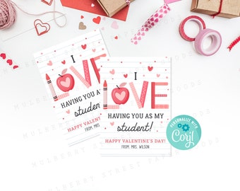 Utskrivbart "Jag älskar att ha dig som elev"-kort för alla hjärtans dag, utskrivbar tagg för klasslärare, personifiera med Corjl
