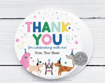 Puppy Dog Birthday Party Favor Gift Tag Printable Digital Download Canva Template Round Labels Corjl