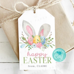 Printable Easter Bunny Gift Tag, All Text Editable Using Corjl, Instant Download Easter Bunny Ears Tag, Easter Party Favor Treat Tag image 1