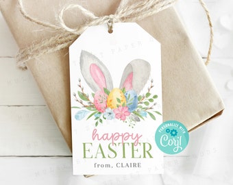 Printable Easter Bunny Gift Tag, All Text Editable Using Corjl, Instant Download Easter Bunny Ears Tag, Easter Party Favor Treat Tag