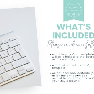 Op de afbeelding: Een wit computertoetsenbord op een wit oppervlak, met de tekst "WHAT'S INCLUDED" en een lijst met items. De tekst bevat ook "Please read carefully!" en "Mulberry Street Paper Goods".