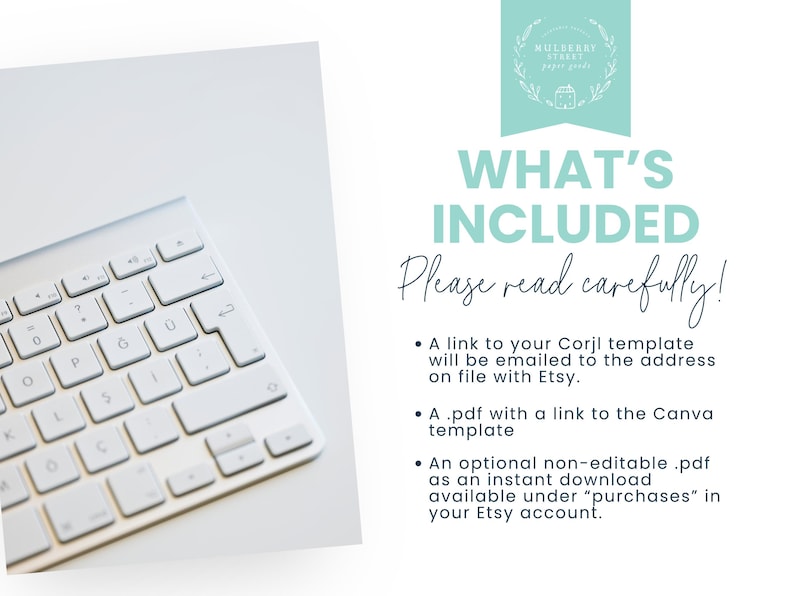 Op de afbeelding: Een wit computertoetsenbord op een wit oppervlak, met de tekst "WHAT'S INCLUDED" en een lijst met items. De tekst bevat ook "Please read carefully!" en "Mulberry Street Paper Goods".