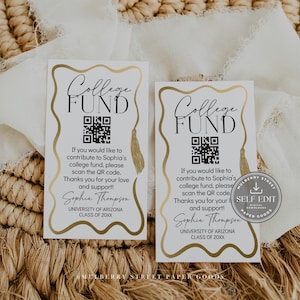 May include: Two white cards with gold detailing, featuring the words "College Fund". Each card has a QR code, text about contributing to a college fund, and the name "Sophia Thompson".