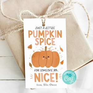 Puede incluir: Una etiqueta de regalo blanca con una linda ilustración de calabaza de dibujos animados y el texto "Just a little pumpkin spice for someone so nice!"  from, Ellie Owens. La etiqueta está personalizada con el texto "Cori!"
