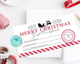 Printable Christmas Gift Certificate, Editable Gift Certificate Design, Personalize with Corjl, Last Minute Christmas Gift Idea