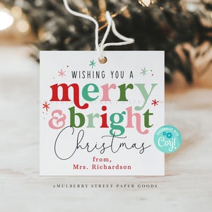 Merry and Bright Christmas Gift Tag Digital Download Modern Christmas Party Favor Tag Colorful Personalized Holiday Gift Tag Corjl Pink Red