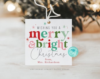 Merry and Bright Christmas Gift Tag Digital Download Modern Christmas Party Favor Tag Colorful Personalized Holiday Gift Tag Corjl Pink Red