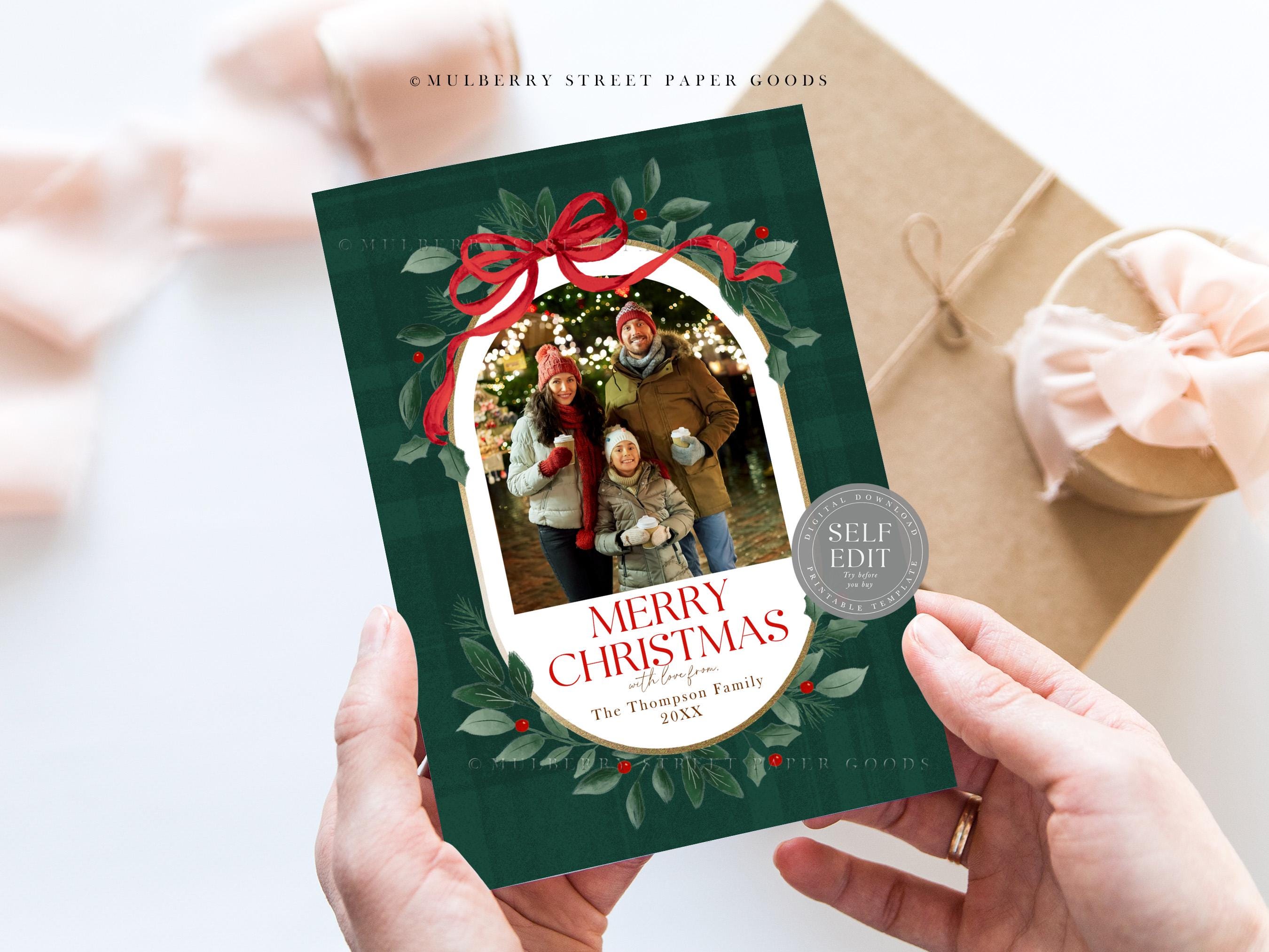Editable Christmas Card Printable Digital Download Green Red Bow Custom ...