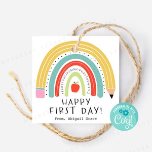 Printable First Day of School Gift Tag, School Supplies Rainbow Tag, Instant Download Happy First Day Gift Tag, Personalize with Corjl
