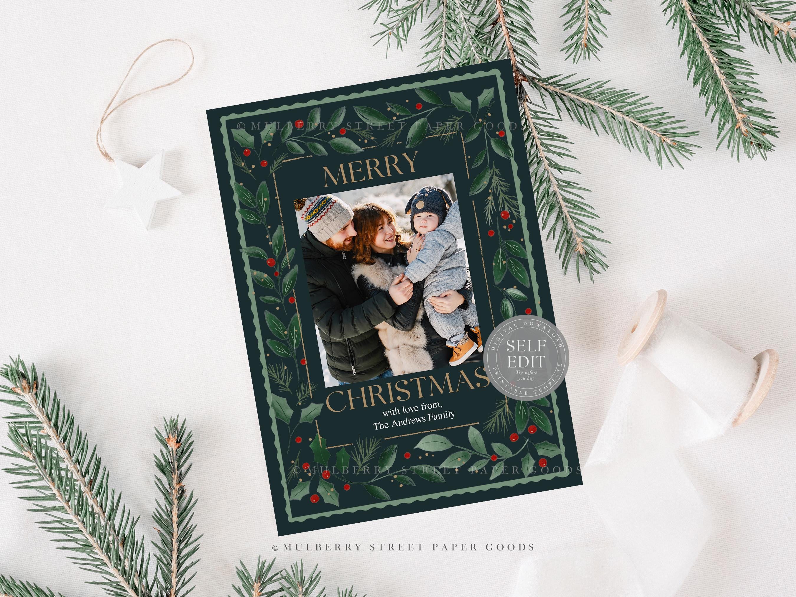 Editable Christmas Card Printable Digital Download Green Red Watercolor ...