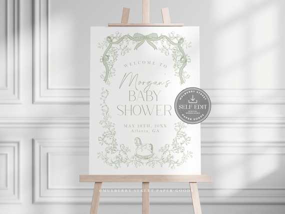 Editable Sage Green Toile Baby Shower Welcome Sign Printable Digital Download Canva Template Corjl