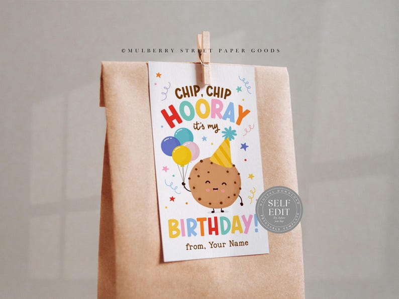 Op de afbeelding: Een bruine papieren zak met een verjaardagscadeaulabel. Het label toont een cartoonkoekjespersonage met ballonnen en een feesthoed. Tekst op het label luidt "Chip, Chip Hooray it's my Birthday!" en "from, Your Name."