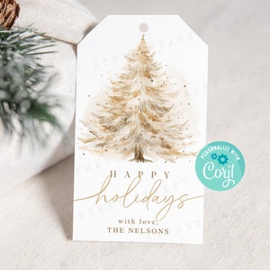 Etiqueta de regalo imprimible con texto "Happy Holidays", etiqueta de regalo con forma de árbol de Navidad dorado, etiquetas bonitas para regalos de fiesta de Navidad, personalícelas con Corjl
