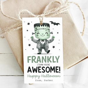 Etiqueta de presente de Halloween editável para download instantâneo Etiqueta de Halloween fofa de Frankenstein para impressão Etiqueta de sacola de guloseimas para festa de Halloween infantil para sala de aula