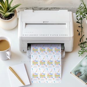May include: A sheet of printable stickers with the text "I'm so excited to have you as my teacher" repeated multiple times. The stickers are colorful and feature a variety of school supplies, including pencils, scissors, and rulers.