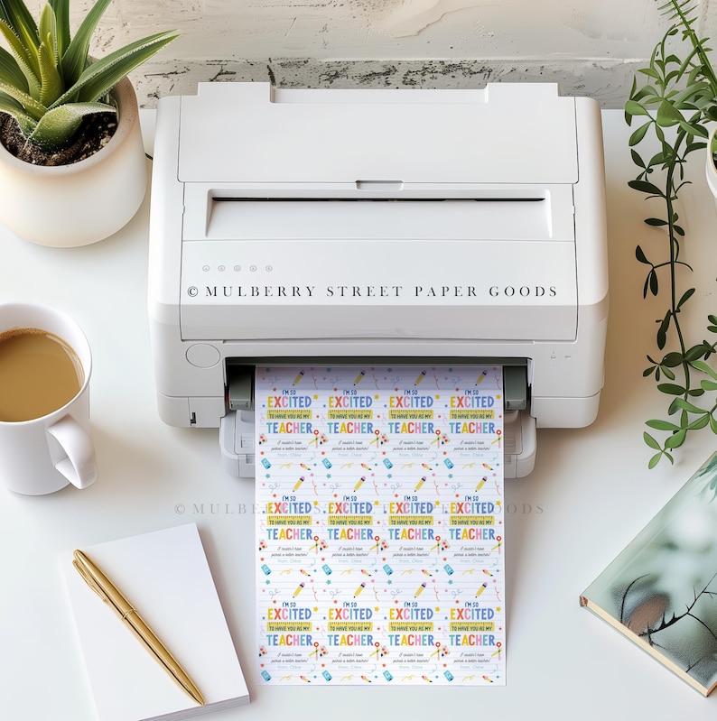May include: A sheet of printable stickers with the text "I'm so excited to have you as my teacher" repeated multiple times. The stickers are colorful and feature a variety of school supplies, including pencils, scissors, and rulers.