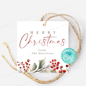 Bearbeitbarer Frohe Weihnachten Geschenkanhänger zum ausdrucken, Weihnachtsgeschenkanhänger, Urlaub Party Gunsten Anhänger, Sofort Download, Quadrat Frohe Feiertage Anhänger, Corjl