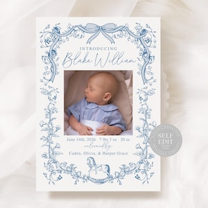 Plantilla de Canva para anuncio de nacimiento de niño con diseño floral vintage, con diseño de toile azul, imprimible a doble cara, editable y para recién nacidos, Corjl