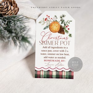 May include: A white tag with a Christmas Simmer Pot recipe. The tag features a watercolor design of an orange slice, pinecone, and greenery. The bottom has a red and green plaid pattern. The text reads "Christmas Simmer Pot" and includes instructions.