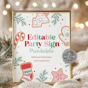 Op de afbeelding: Een ingelijst, feestelijk, printbaar feestbord met een gouden rand. Het bord toont illustraties van peperkoekkoekjes en de tekst "Editable Party Sign Printable". Aanvullende informatie kan hier worden getypt.