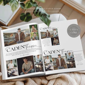 May include: A graduation announcement for Caden Thompson. The announcement features a collage of photos of Caden in a variety of settings, including a plane, a dock, and a field. The announcement also includes a message from Caden's parents.