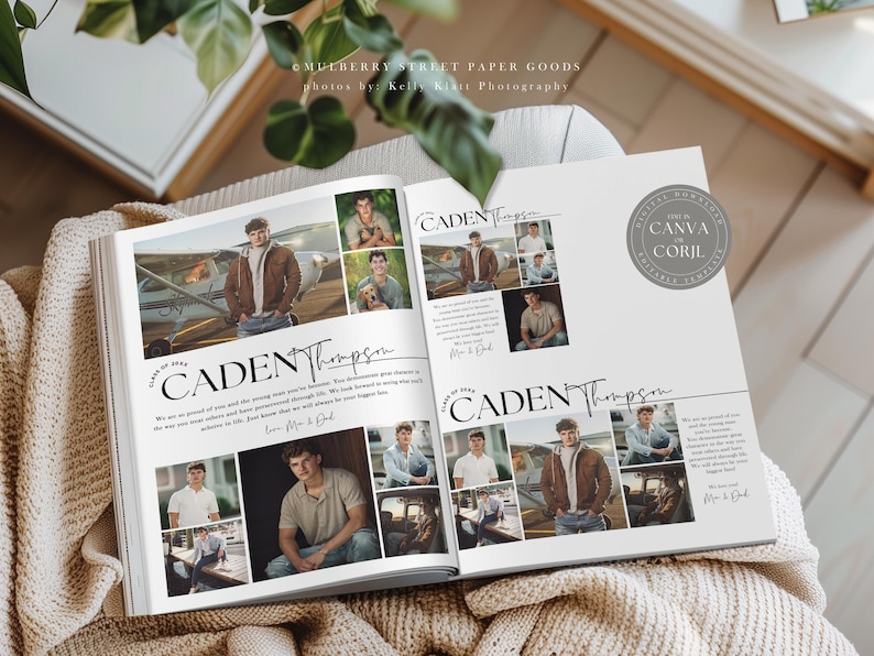 May include: A graduation announcement for Caden Thompson. The announcement features a collage of photos of Caden in a variety of settings, including a plane, a dock, and a field. The announcement also includes a message from Caden's parents.