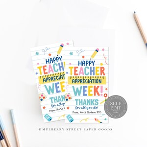 May include: Two printable cards with a colorful design featuring the text "Happy Teacher Appreciation Week!" and "Thanks for all you do!" with a ruler, pencil, paintbrushes, and stars. The cards are from North Hudson PTO.