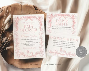 Editable Pink Toile Baby Shower Invitation Canva Template Suite Pink Toile De Jouy Baby Shower Invite Printable Baby Girl Shower Download