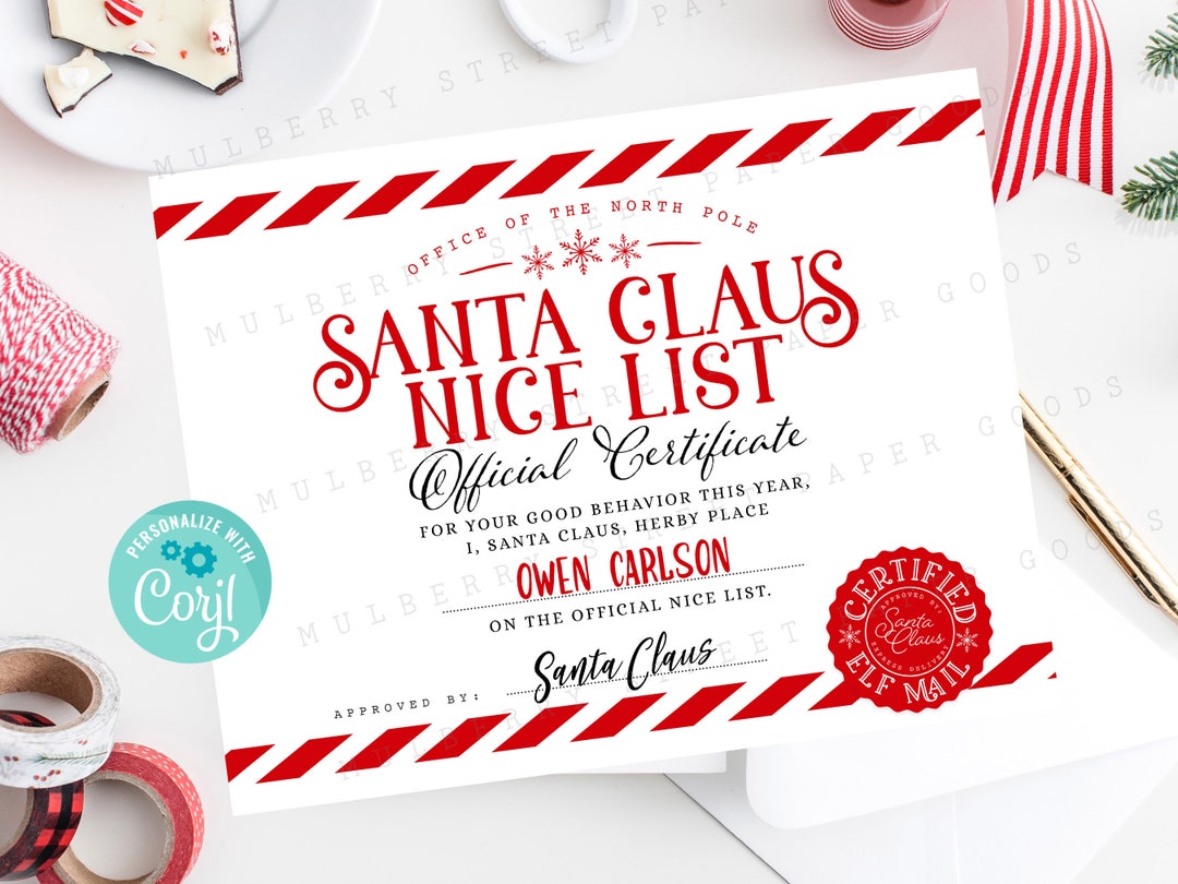 Printable Nice List Certificate, Santa Claus Official Nice List ...