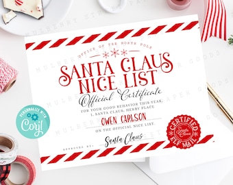 Printable Nice List Certificate, Santa Claus Official Nice List Certificate, Editable Nice List Certificate, Personalize with Corjl