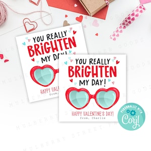 Etiqueta imprimible para el día de San Valentín con gafas de sol con forma de corazón que iluminan mi día, tarjeta de intercambio de gafas de sol para el aula de San Valentín, descarga instantánea, Corjl