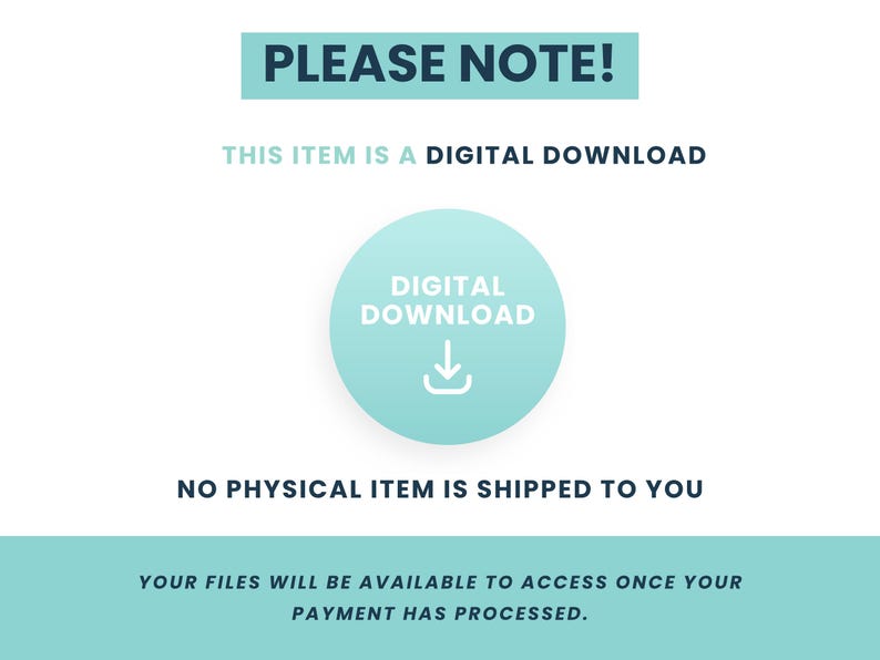 Op de afbeelding: Een afbeelding met de tekst "LET OP! DIT ARTIKEL IS EEN DIGITALE DOWNLOAD." Een lichtblauwe cirkel met de woorden "DIGITALE DOWNLOAD" en een pijl naar beneden staat in het midden. De tekst "ER WORDT GEEN FYSIEK ARTIKEL NAAR U VERZONDEN" staat eronder.