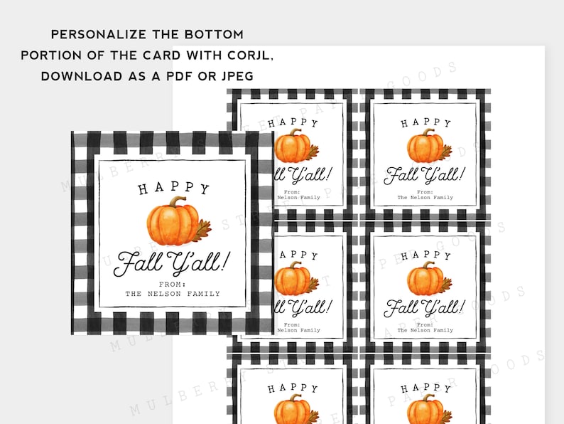 Op de afbeelding: Acht printbare cadeaulabels met een zwart-wit geruite achtergrond. Elk label heeft een wit rechthoek met de tekst "Happy Fall Y'all!" en een aquarel-illustratie van een oranje pompoen met groene bladeren. De tekst "From: The Nelson Family" staat onder de pompoen.