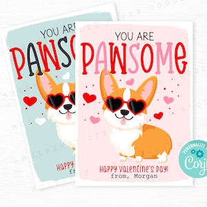 Tarjeta de San Valentín con Corgi para imprimir, para niños, con un bonito perro, para el aula, para el día de San Valentín, regalo de fiesta para niños, descarga instantánea Corjl