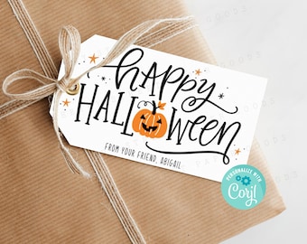 Printable Happy Halloween Gift Tag, Trick Or Treat Favor Bag Tag, Editable Halloween Treat Tag, Personalize with Corjl