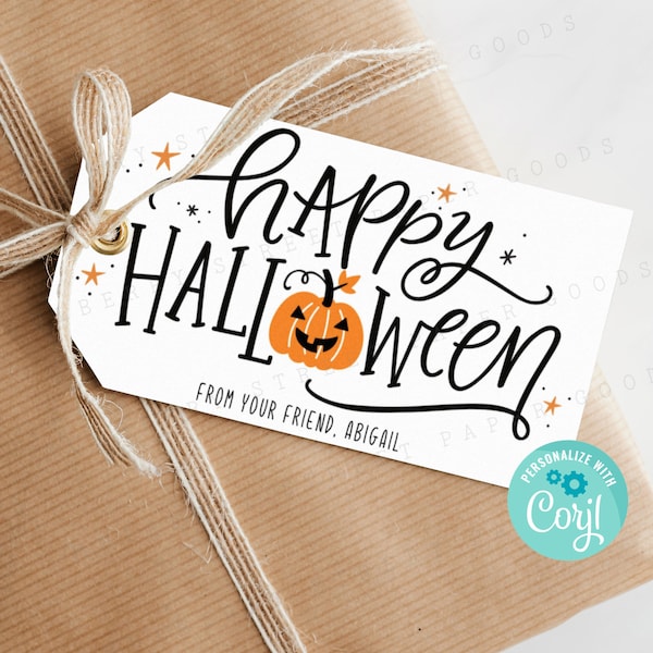 Printable Happy Halloween Gift Tag, Trick Or Treat Favor Bag Tag, Editable Halloween Treat Tag, Personalize with Corjl