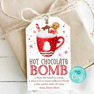 Hot Chocolate Bomb Printable Gift Tag, Christmas Hot Cocoa Bomb Instructions Printable Tag, Christmas Treat Tag, Teacher, Neighbor Gift Tag