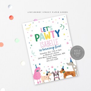May include: A white invitation card with the text "Let's Pawty Isabelle is turning five!" and colorful dog illustrations. The card includes event details and is decorated with confetti and stars.