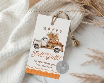Happy Fall Y'all Gift Tag Printable Digital Download Personalized Autumn Pumpkin Truck Thank You Gift Tag Canva Template Instant Download
