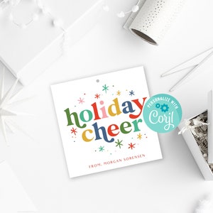 Etiqueta de presente para impressão de alegria de Natal, download instantâneo, etiqueta de presente de Natal editável, etiqueta de presente quadrada divertida e festiva, edite com Corjl