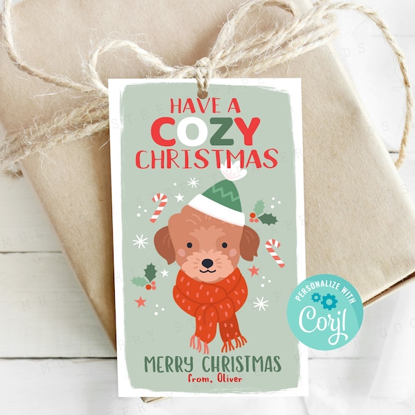 Printable Puppy Christmas Gift Tag, Editable Dog Holiday Gift Tag, Christmas Party Favor Tags, Cute Puppy Gift Tag, Edit with Corjl