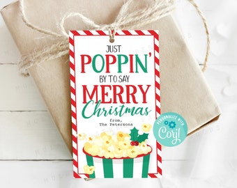 Etykieta na prezent świąteczny popcorn, Etykieta na świąteczną torbę popcornu do wydrukowania, Cały tekst edytowalny w Corjl, Nauczyciel Tajemniczy Mikołaj Klient Sąsiad Personel