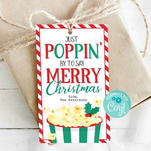 Christmas Popcorn Gift Tag, Holiday Popcorn Treat Bag Tag Printable, All Text Editable in Corjl, Teacher Secret Santa Client Neighbor Staff