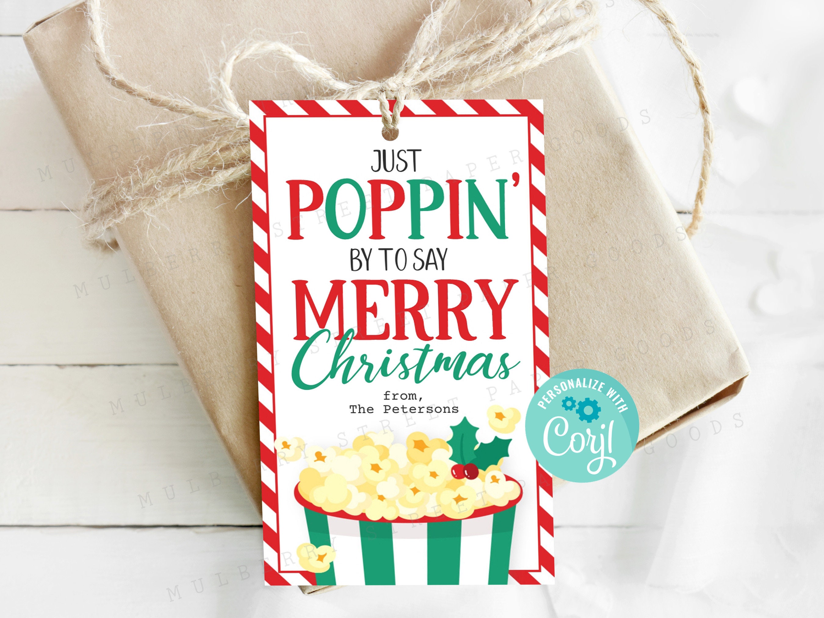 Christmas Popcorn Gift Tag, Holiday Popcorn Treat Bag Tag Printable ...