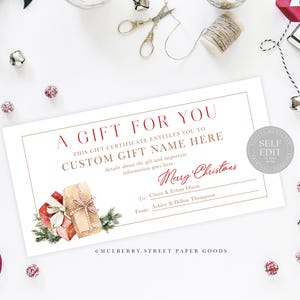 Printable Christmas Gift Certificate Canva Template Personalized Gift Voucher Printable Downloadable Custom Christmas Gift Card Corjl