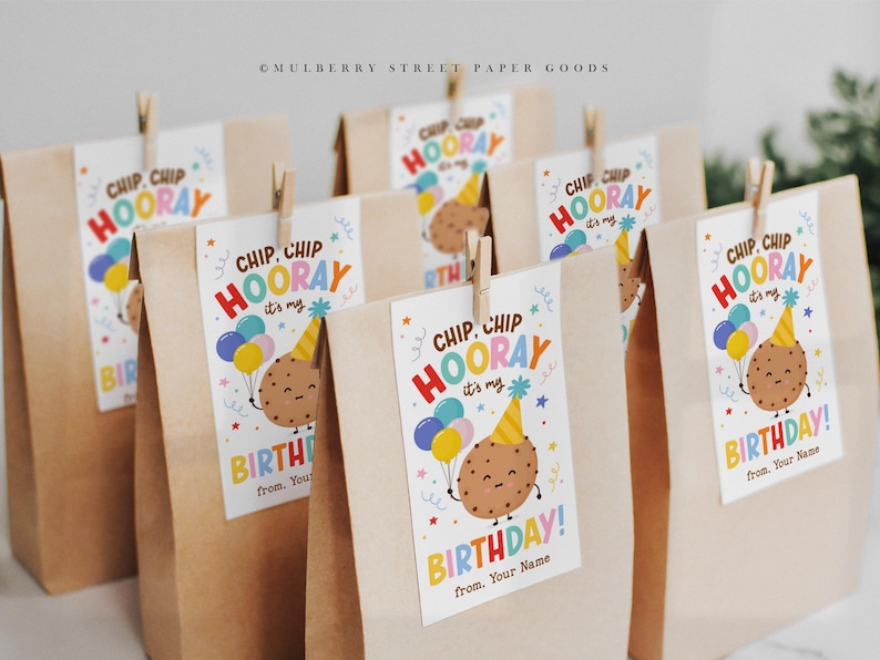 Op de afbeelding: Verschillende bruine papieren cadeauzakjes met houten knijpers die labels vasthouden. De labels lezen "Chip Chip Hooray, it's my Birthday!" met een cartoon koekjespersonage, ballonnen en een feesthoed.