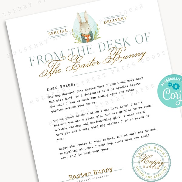 Printable Official Letter From The Desk Of The Easter Bunny, Editable Easter Bunny Letter, Editable with Corjl, Instant Download