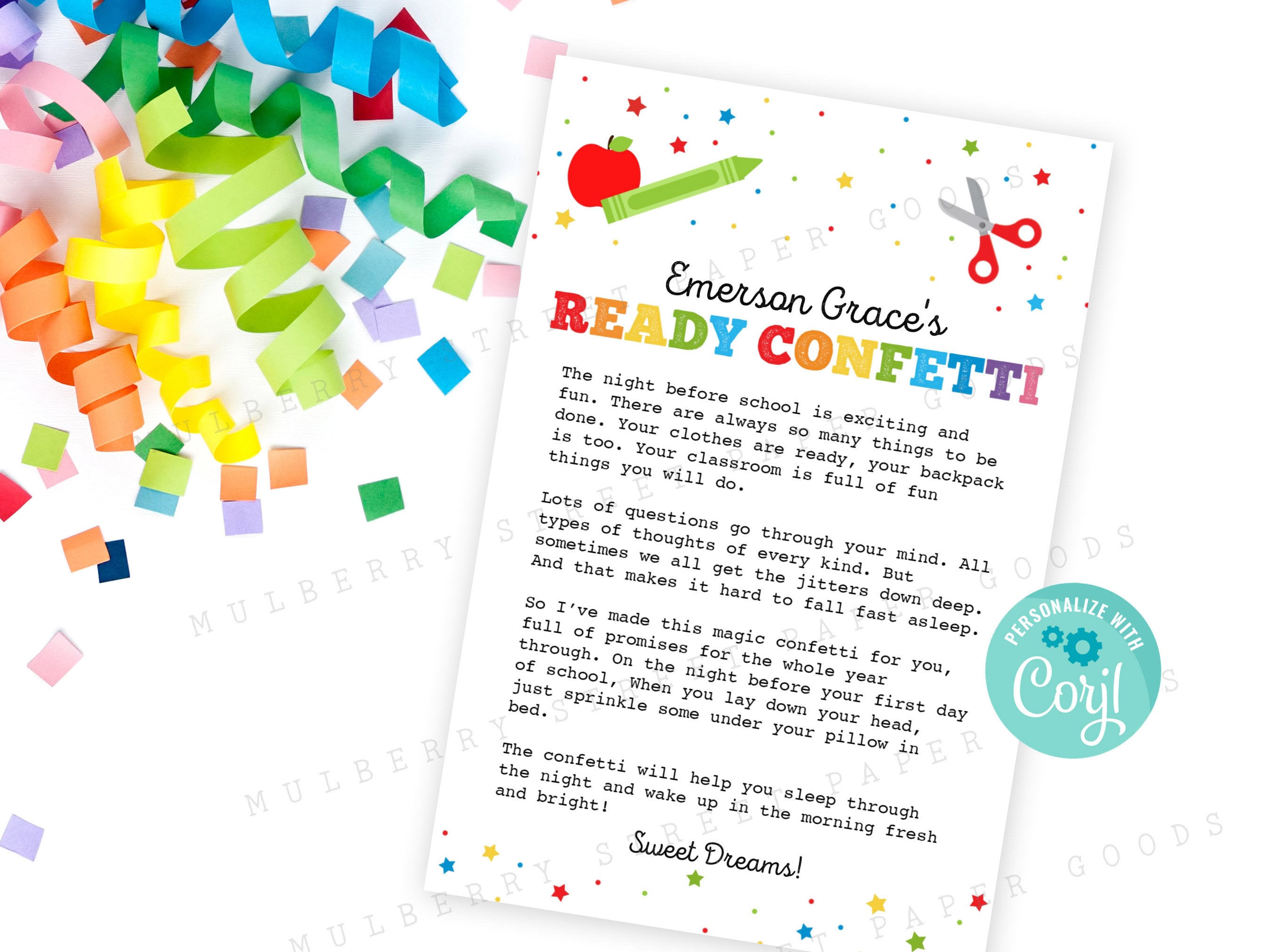 Back to School Ready Confetti Printable, First Day of School Printable, Night Before First Day of School Tradition, Personalize with Corjl