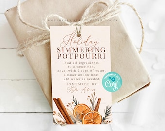 Editable Holiday Simmering Potpourri Christmas Gift Tag, Personalized Holiday Potpourri Tag, Teacher Coworker Neighbor Secret Santa, Corjl